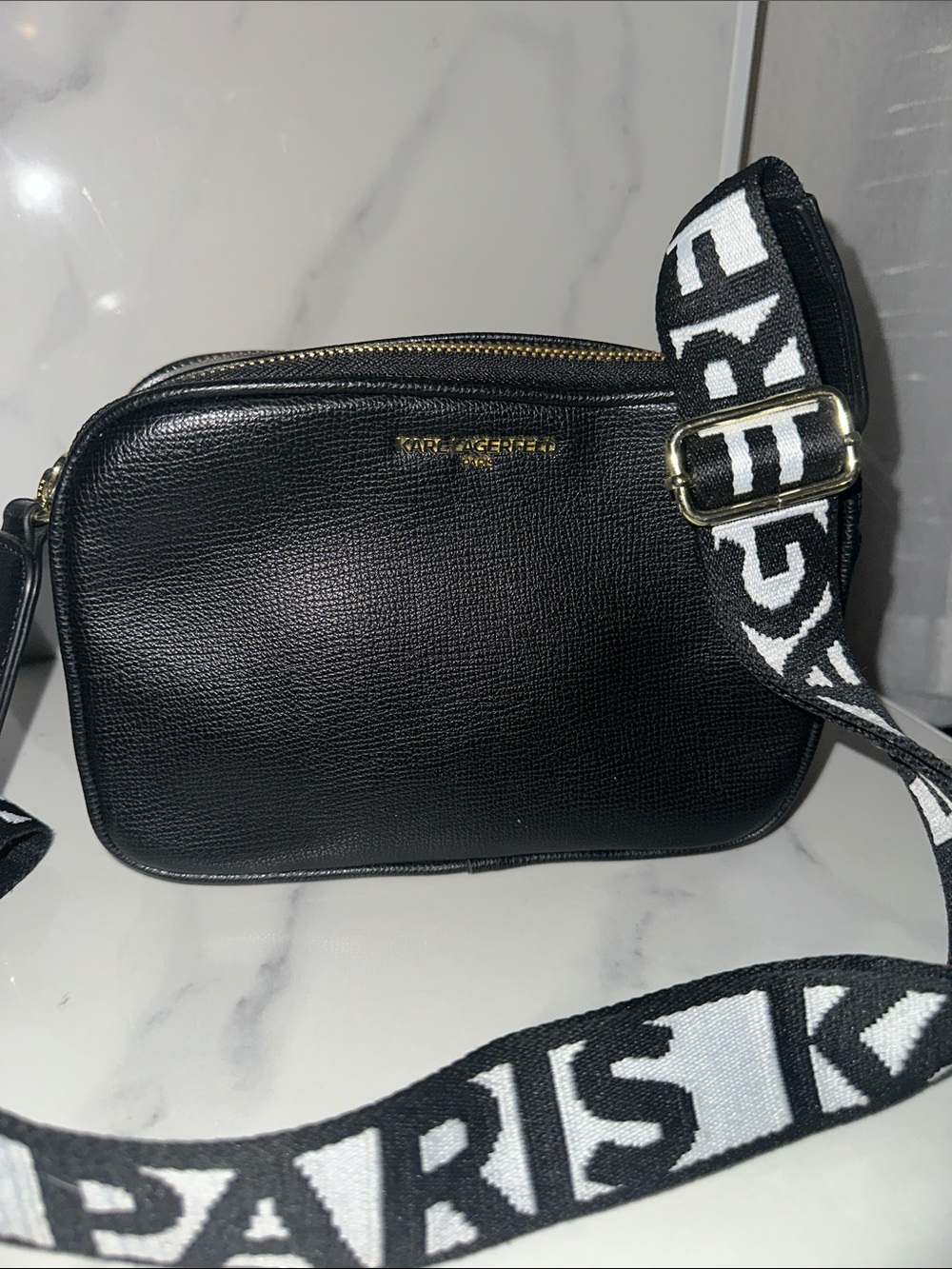 Karl Lagerfeld Black Leather Camera Bag with Logo Strap